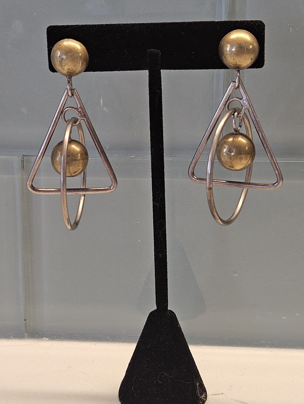 Vintage Taxco Sterling Siver Two-tone Modern Geometric Drop Earrings 2.75"